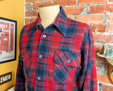 1970s Arrow Wool Shirt Red, Black, Blue & Green Plaid Men's Vintage Hunting / Lumberjack Loop Collar Board Shirt from Cluett - Size MEDIUM