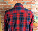 1970s Arrow Wool Shirt Red, Black, Blue & Green Plaid Men's Vintage Hunting / Lumberjack Loop Collar Board Shirt from Cluett - Size MEDIUM