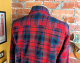 1970s Arrow Wool Shirt Red, Black, Blue & Green Plaid Men's Vintage Hunting / Lumberjack Loop Collar Board Shirt from Cluett - Size MEDIUM