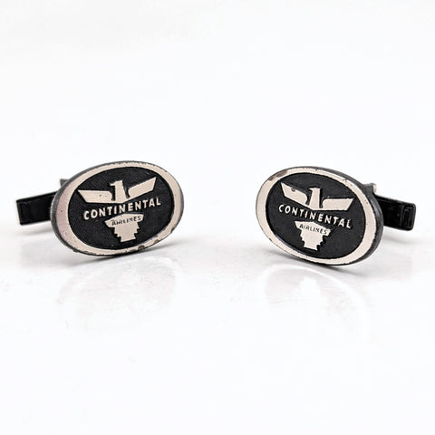 1960s CONTINENTAL AIRLINES Cufflinks Men's Vintage Silver Tone Metal Cufflink Set with black accents Airplane Employee Aviation memorabilia