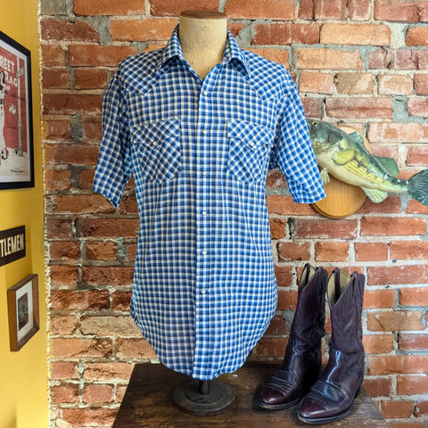 1970s Vintage Blue Gingham Western Shirt Men's Cowboy Style Plaid Checkered Short Sleeve Pearl Snap Shirt by Holt Western Wear - Size LARGE