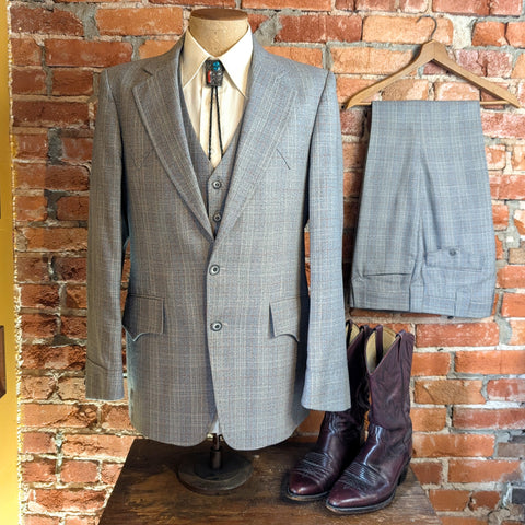 1970s 3 Piece Cowboy Western Suit Men's Vintage Gray Plaid Jacket/Sport Coat/Blazer, Vest & Pants/Trousers by H Bar C - Size 40 (MEDIUM)