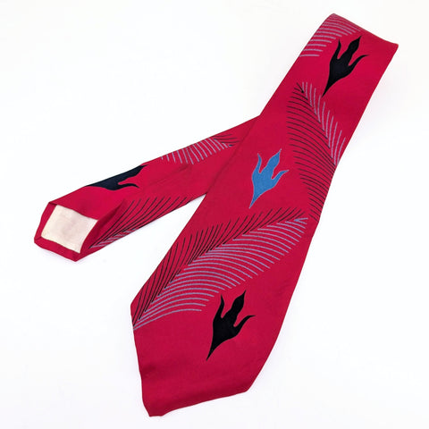 1940s Red Silk Swing Era Tie Men's Vintage Wide 40s Art Deco All Silk Red Necktie w/ Printed Abstract Designs Victor Little Falls, Minnesota