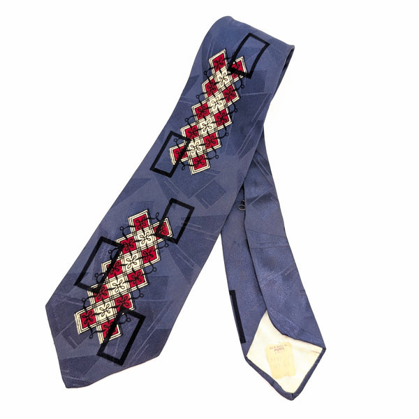 1940s Art Deco Necktie Men's Big Band Era Vintage Wide Blue Necktie w/ Geometric Silk Screened Red, White & Black Designs Brainerd Minnesota