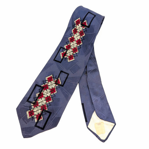 1940s Art Deco Necktie Men's Big Band Era Vintage Wide Blue Necktie w/ Geometric Silk Screened Red, White & Black Designs Brainerd Minnesota