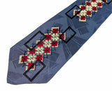 1940s Art Deco Necktie Men's Big Band Era Vintage Wide Blue Necktie w/ Geometric Silk Screened Red, White & Black Designs Brainerd Minnesota