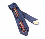 1940s Art Deco Necktie Men's Big Band Era Vintage Wide Blue Necktie w/ Geometric Silk Screened Red, White & Black Designs Brainerd Minnesota