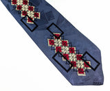 1940s Art Deco Necktie Men's Big Band Era Vintage Wide Blue Necktie w/ Geometric Silk Screened Red, White & Black Designs Brainerd Minnesota
