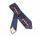 1940s Art Deco Necktie Men's Big Band Era Vintage Wide Blue Necktie w/ Geometric Silk Screened Red, White & Black Designs Brainerd Minnesota