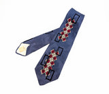 1940s Art Deco Necktie Men's Big Band Era Vintage Wide Blue Necktie w/ Geometric Silk Screened Red, White & Black Designs Brainerd Minnesota