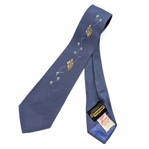 1940s Hand Painted Necktie Art Deco Men's Vintage 40s Big Band Swing Era Blue Tie Skinner Acetate by Vogue Creations for Penney's Towncraft