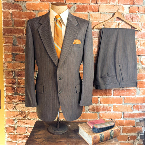 1970s 2 Piece Pinstriped Brown Wool Business Suit Men's Vintage Pure Wool Suit Jacket & Pants / Trousers by Kuppenheimer - Size 42 (LARGE)