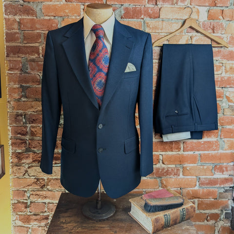 1970s JOHNNY CARSON Suit 2 piece Men's Vintage Dark Navy Blue Disco Era Blazer & Pants / Trousers By Johnny Carson - Size 40 (MEDIUM)