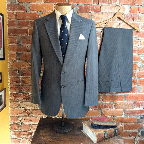 1970s 2 Piece Pinstriped Disco Era Business Suit Men's Vintage Gray Jacket & Pants by Highland Park - Size 38 (MEDIUM)