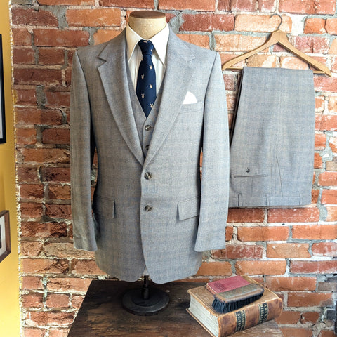 1970s 3 Piece Plaid Suit Men's Vintage Disco Era Gray & Beige Polyester Suit Jacket, Vest and Pants Comfort Suit by Sears -Size 40 (MEDIUM)