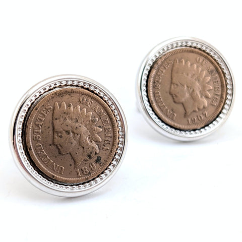 1960s Men's Vintage U.S. Indian Head Penny Cufflinks Authentic 1897 & 1907 Copper Coins in Mid Century Silver Tone Chromed Metal Settings