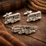 1960s Horse Head Cufflinks & Tie Clip Men's Vintage Silver Tone Metal and Pewter Cuff Links and Tie Clasp with by Shields