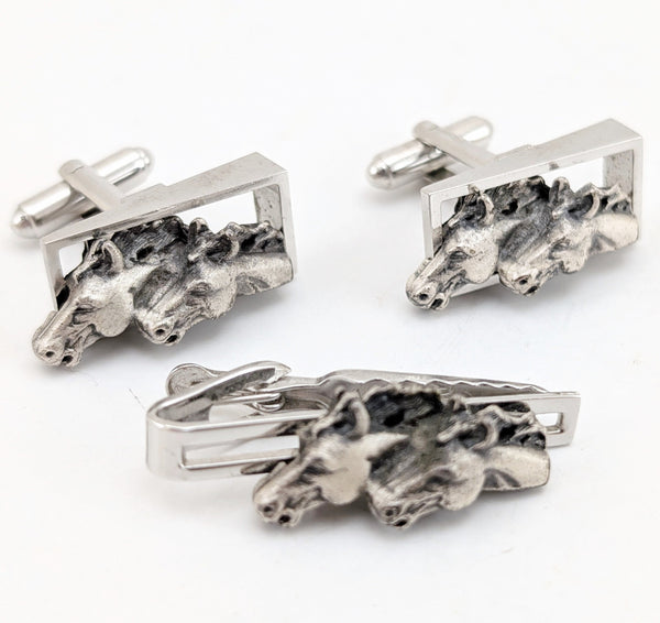 1960s Horse Head Cufflinks & Tie Clip Men's Vintage Silver Tone Metal and Pewter Cuff Links and Tie Clasp with by Shields