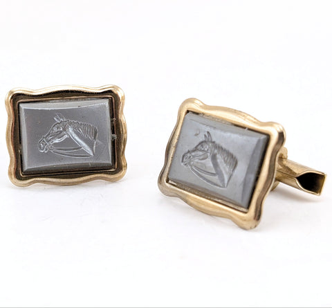 1950s-60s Vintage Men's Horse Cufflinks Mad Men Era Gold Tone Metal Cufflink Set with gray horse head cameos