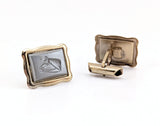 1950s-60s Vintage Men's Horse Cufflinks Mad Men Era Gold Tone Metal Cufflink Set with gray horse head cameos