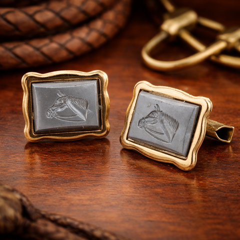1950s-60s Vintage Men's Horse Cufflinks Mad Men Era Gold Tone Metal Cufflink Set with gray horse head cameos