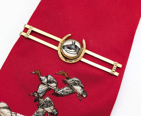 1950s Horse Head Tie Bar Gold Tone Metal Men's Vintage Tie Clasp with Lucky Horseshoe and Reverse Painted Glass Horse Head by Anson