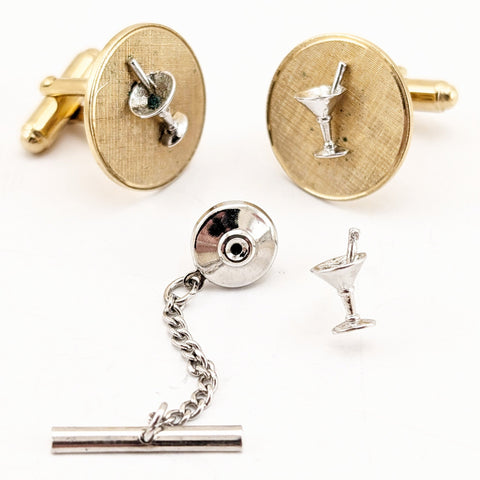 1960s Martini Glass Cufflinks & Tie Tack / Tie Pin Set Gold and Silver Tone Mad Men Era Men's Vintage Cocktail Cufflink Set with by ANSON