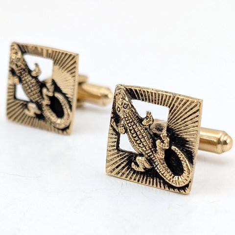 1960s Crocodile Cufflinks Mad Men Era Men's Vintage Gold Tone Metal Cuff Links Set with Crocodile or Alligator designs