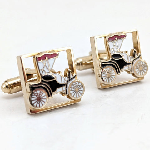 1950s-60s Antique Car Cufflinks Men's Vintage Gold Tone Metal Cufflink Set with enameled Antique Automobile designs by Shields