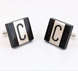 1960s-70s SWANK "C" Cufflinks Men's Vintage Black Glass & Silver Tone Metal Cuff Links with Monogram Initial Letter C by SWANK