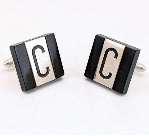 1960s-70s SWANK "C" Cufflinks Men's Vintage Black Glass & Silver Tone Metal Cuff Links with Monogram Initial Letter C by SWANK