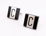 1960s-70s SWANK "C" Cufflinks Men's Vintage Black Glass & Silver Tone Metal Cuff Links with Monogram Initial Letter C by SWANK