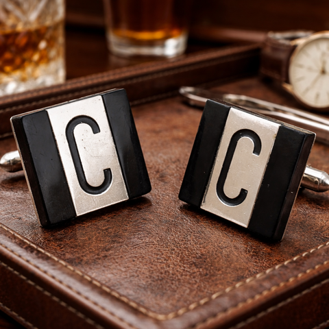 1960s-70s SWANK "C" Cufflinks Men's Vintage Black Glass & Silver Tone Metal Cuff Links with Monogram Initial Letter C by SWANK