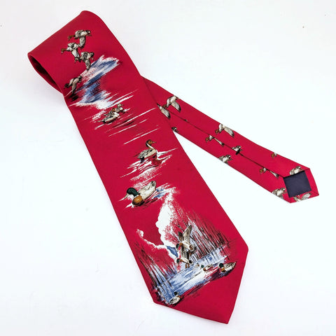1970s Wide Red Silk Duck Tie Men's Vintage Imported All Silk Necktie with Mallard Ducks by Ducks Unlimited