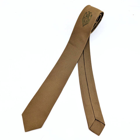 1960s Golden Brown Silk Skinny Tie Narrow Mid Century Men's Vintage All Silk Necktie with embroidered shield design by Beau Brummell