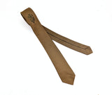 1960s Golden Brown Silk Skinny Tie Narrow Mid Century Men's Vintage All Silk Necktie with embroidered shield design by Beau Brummell