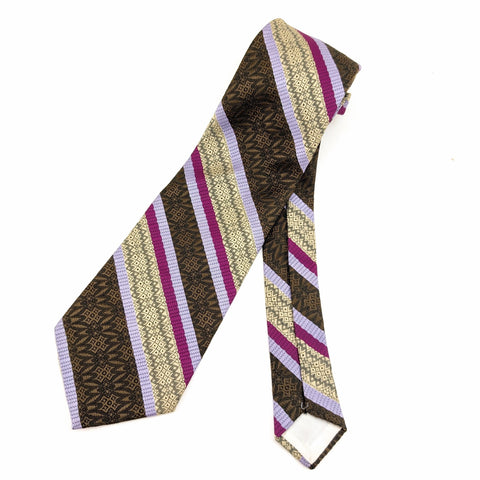 1970s Disco Era Wide Men's Necktie Vintage Brown & Purple 100% Polyester Striped Tie from RS Apparel, Indianapolis, Indiana.