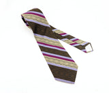 1970s Disco Era Wide Men's Necktie Vintage Brown & Purple 100% Polyester Striped Tie from RS Apparel, Indianapolis, Indiana.
