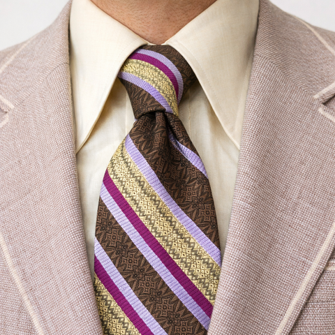 1970s Disco Era Wide Men's Necktie Vintage Brown & Purple 100% Polyester Striped Tie from RS Apparel, Indianapolis, Indiana.