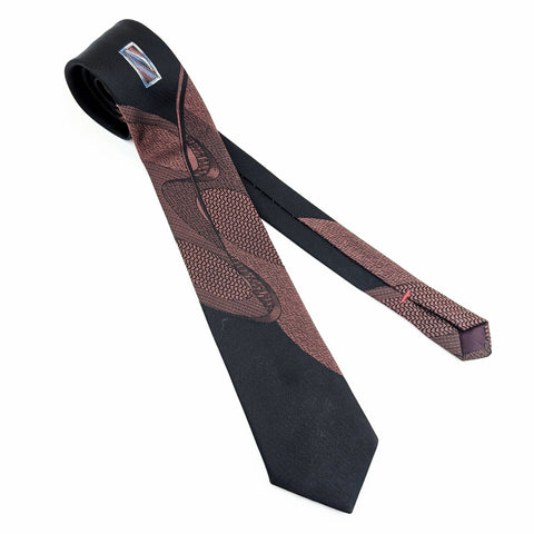 1980s Men's Retro Art Deco Skinny Tie Vintage Narrow Black & Pink 80s Polyester and Rayon necktie by City Streets with Abstract Designs