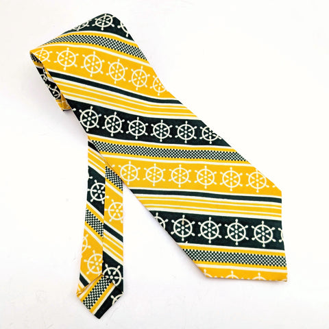 1970s Ship's Wheel Necktie Men's Vintage Super Wide Disco Era Yellow, Green and White Polyester Tie