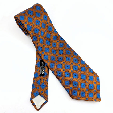 1970s Wide Orange & Blue Polyester Tie Men's Vintage Disco Era Necktie with Woven Geometric Designs by Montgomery Ward