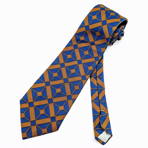 1970s Wide Geometric Tie Vintage Men's Disco Era 100% Qiana Nylon Woven Blue and Golden Brown Necktie