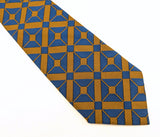 1970s Wide Geometric Tie Vintage Men's Disco Era 100% Qiana Nylon Woven Blue and Golden Brown Necktie