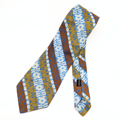 1970s Wide Brown, Blue & Silver Tie Men's Vintage Disco Era Textured Woven 100% Acetate Necktie with Abstract Geometric Designs