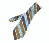 1970s Wide Brown, Blue & Silver Tie Men's Vintage Disco Era Textured Woven 100% Acetate Necktie with Abstract Geometric Designs