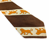 1970s Disco Era Wide Lion Tie Men's Vintage Silk Blend Necktie with Diagonal Bands and Lion designs labeled Alessandro Originals