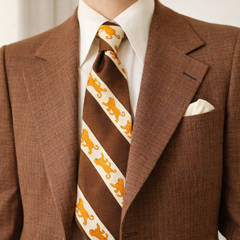 1970s Disco Era Wide Lion Tie Men's Vintage Silk Blend Necktie with Diagonal Bands and Lion designs labeled Alessandro Originals