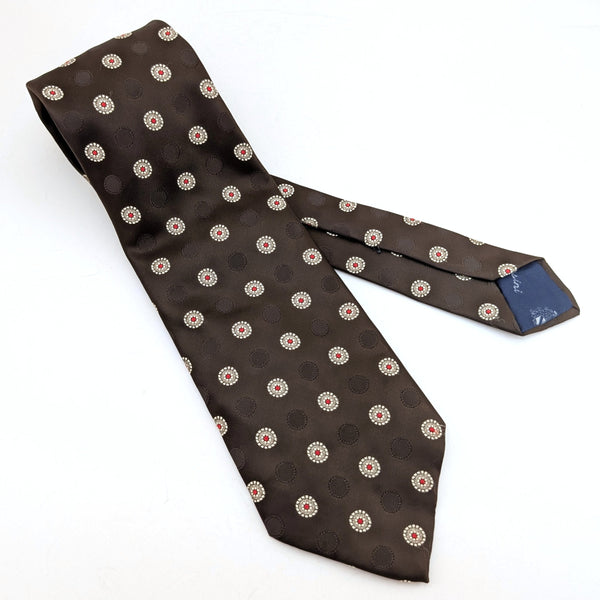 1970s Oleg Cassini Tie Men's Vintage Wide Brown Woven Polyester Disco Era Necktie with Red, White & Black Geometric Dot Designs