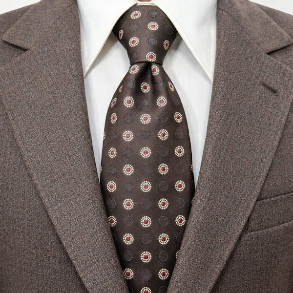1970s Oleg Cassini Tie Men's Vintage Wide Brown Woven Polyester Disco Era Necktie with Red, White & Black Geometric Dot Designs